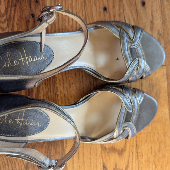 Cole Haan Pewter & Gold Peep Toe Heels - Picture 4 of 8
